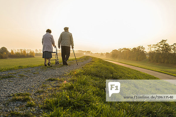Senior couple walking with walking stick and wheeled walker in the nature