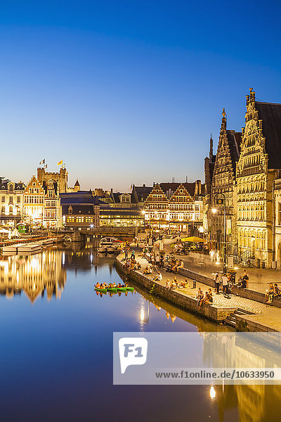 Belgium  Ghent  old town  Graslei  historical houses at River Leie at blue hour