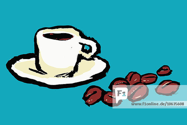 Illustration von Kaffeetasse und Bohnen vor blauem Hintergrund