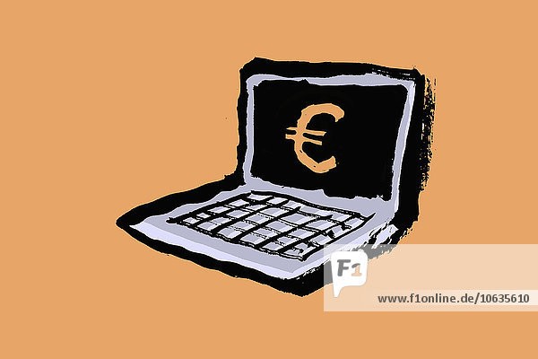 Abbildung des Laptops mit Eurozeichen vor orangem Hintergrund