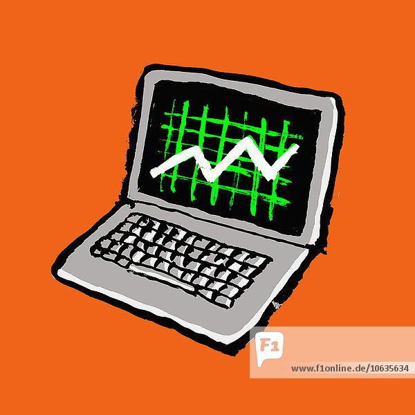 Abbildung des Laptops mit Fortschrittsgrafik vor orangem Hintergrund