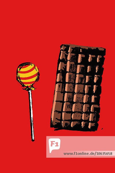 Illustration von Lollipop und Schokoriegel auf rotem Hintergrund
