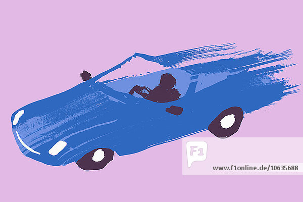 Illustratives Bild der Person  die einen blauen Sportwagen vor violettem Hintergrund fährt.