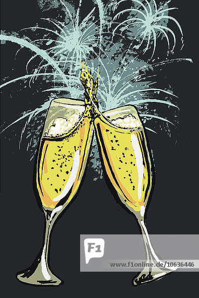 Illustration von Champagnerflöten-Toasting gegen Feuerwerk