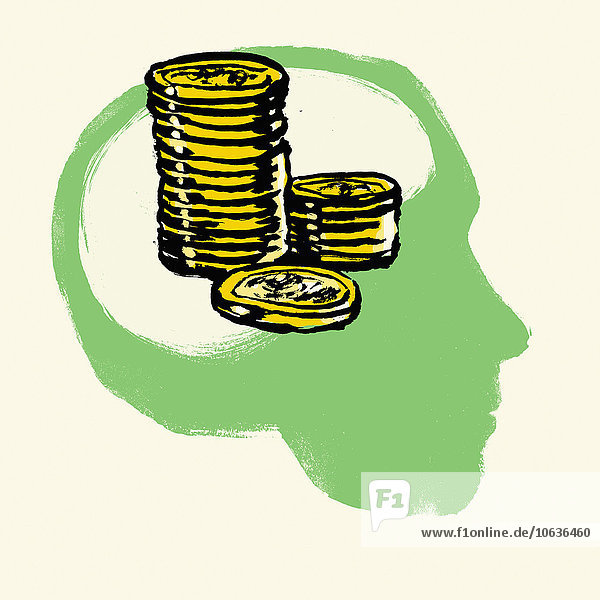 Abbildung von gestapelten Münzen im menschlichen Kopf vor weißem Hintergrund