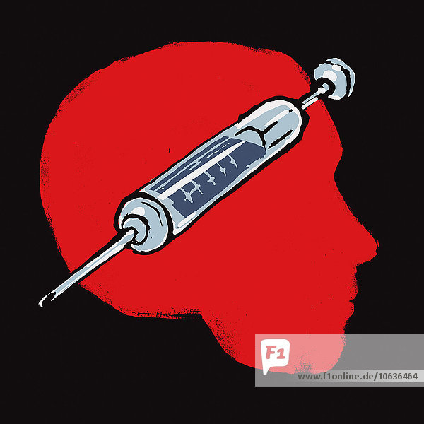 Darstellung der Injektion in den menschlichen Kopf vor schwarzem Hintergrund
