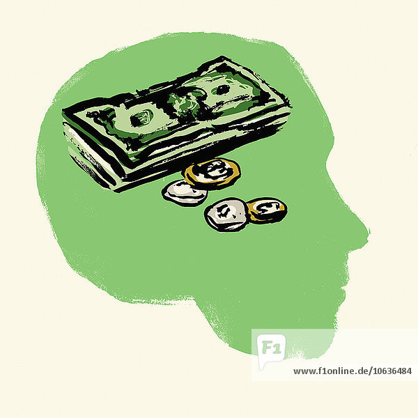Darstellung von Münzen und Papiergeldern im menschlichen Kopf vor schwarzem Hintergrund
