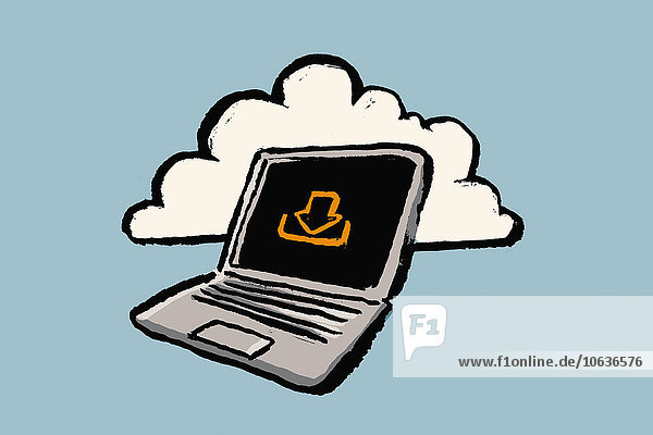 Abbildung des Laptops mit Download-Schild und Wolke vor blauem Hintergrund