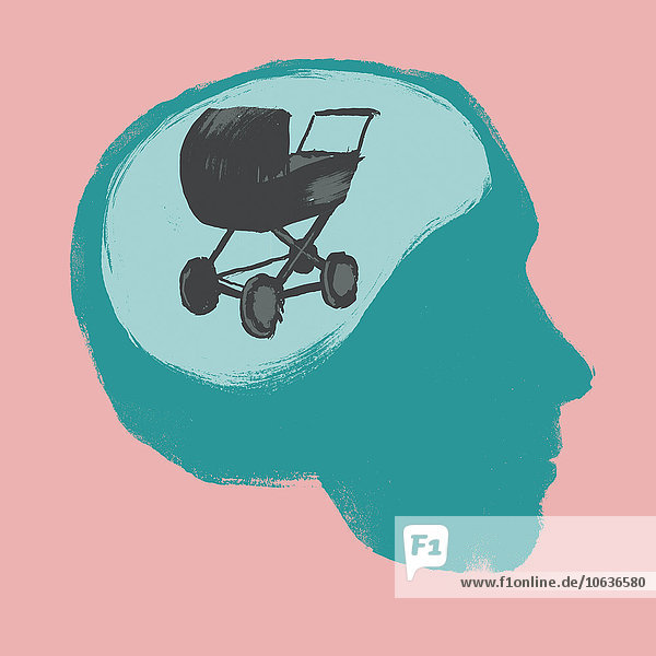 Abbildung des Kinderwagens im menschlichen Gehirn vor rosa Hintergrund