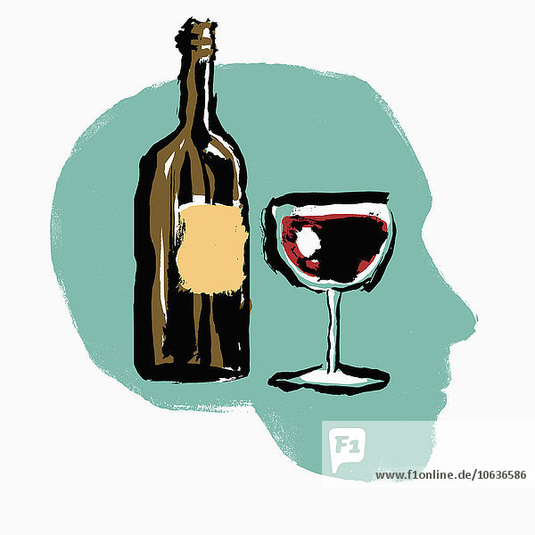 Darstellung von Rotweinflasche und Glas im menschlichen Kopf vor weißem Hintergrund