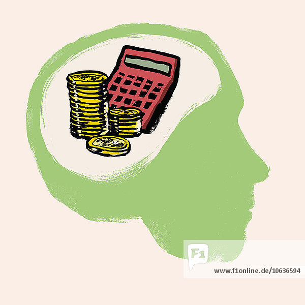 Abbildung von gestapelten Münzen und Taschenrechner im menschlichen Gehirn vor weißem Hintergrund