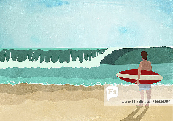 Illustratives Bild vom Surfboarder  der am Strand steht.