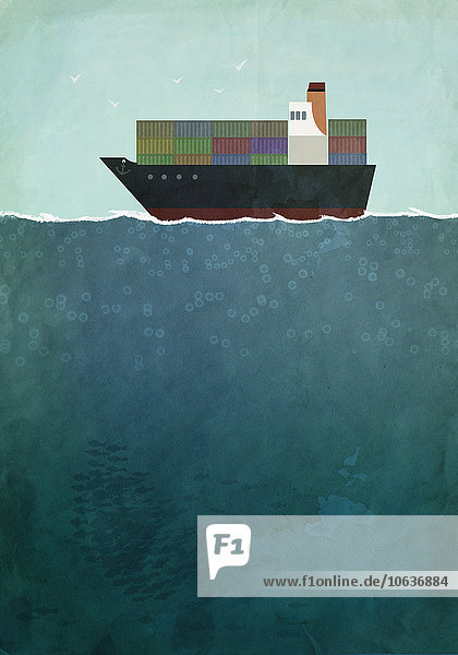 Illustration of cargo ship sailing on sea