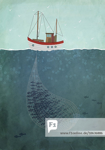 Illustratives Bild eines Fischtrawlers auf See