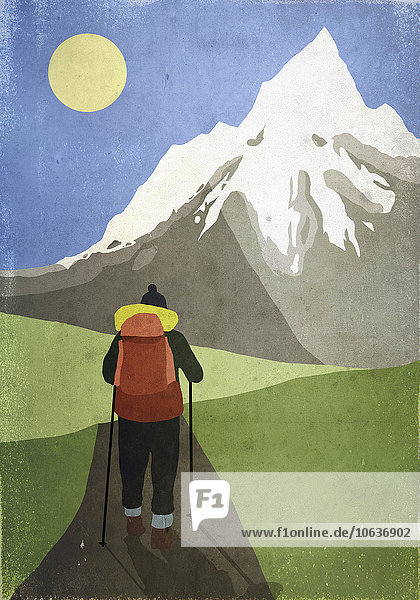 Abbildung des Wanderers vor dem schneebedeckten Berg