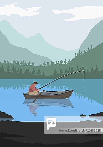 Illustration des Menschen beim Fischen im See gegen die Berge