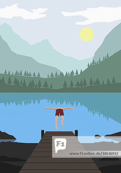 Illustration des Eintauchens des Menschen in den See gegen die Berge