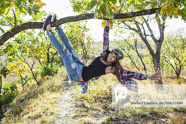 Volle Länge der glücklichen jungen Frau  die vom Ast im Wald klettert.