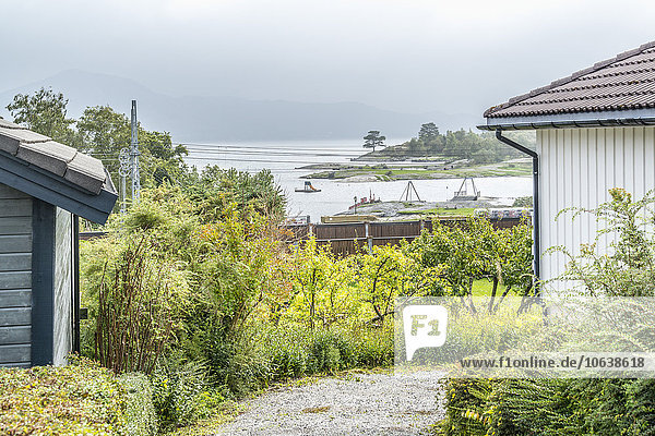 Wanderweg inmitten von Pflanzen und Schuppen mit Meer im Hintergrund