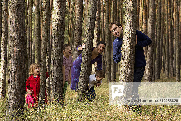 Glückliche Familie versteckt sich hinter Baumstämmen im Wald