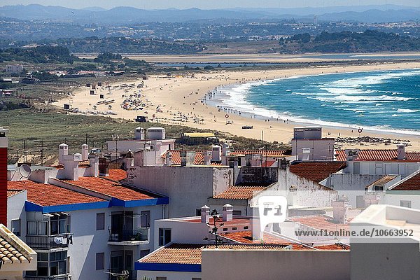 Europe  Portugal  Algarve  Faro district  Lagos  panoramic view of Meia Praia seen from the old town of Lagos  countryside seen in far background