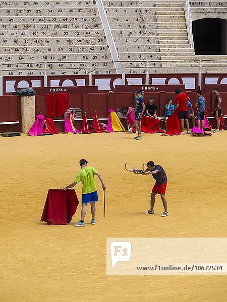Torreros üben den Stierkampf  Stierkampfarena La Malagueta  Malaga  Andalusien  Costa de Sol  Spanien  Europa