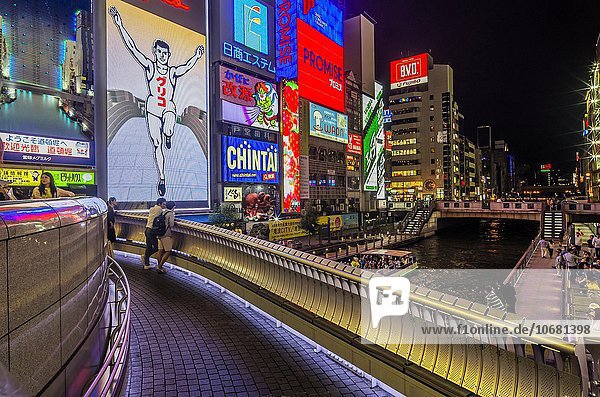 Lit billboards  Dotonbori canal  Dotonbori district  Osaka  Japan  Asia