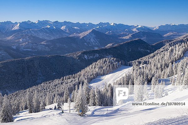 Skigebiet am Brauneck mit Blick ins Karwendel  Lenggries  Isarwinkel  Bayerische Voralpen  Oberbayern  Bayern  Deutschland  Europa