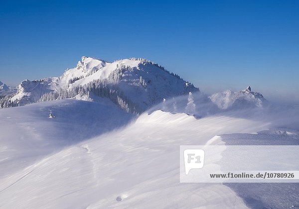 Wind  Schneeverwehung auf Brauneck Gipfel  hinten Latschenkopf und Stangeneck  Lenggries  Isarwinkel  Bayerische Voralpen  Oberbayern  Bayern  Deutschland  Europa