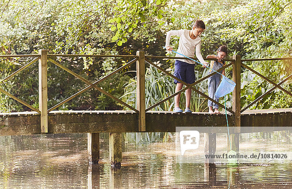 Brother and sister fishing with nets at footbridge over pond