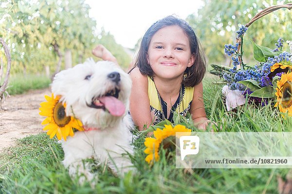 Portrait von Mädchen und Hund im Weinberg mit Sonnenblumen