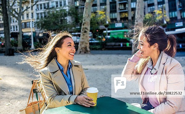 Junge erwachsene weibliche Zwillinge beim Kaffeetrinken im Stadtpark