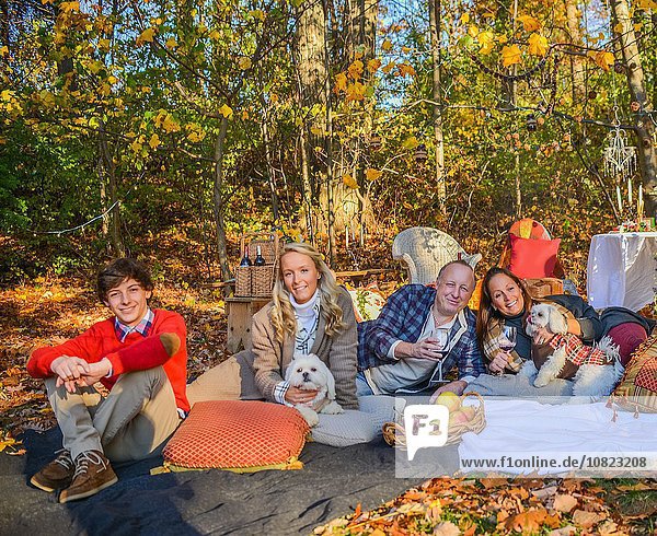 Porträt eines erwachsenen Paares mit Hunden  Teenagern und erwachsenen Kindern auf Picknickdecke im Wald.