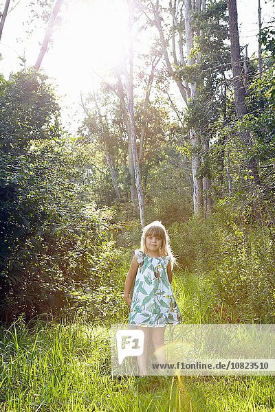 Girl standing against tree in forest
