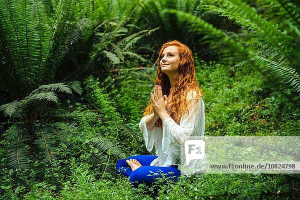 Junge Frau im Wald praktiziert Yoga in Lotusstellung