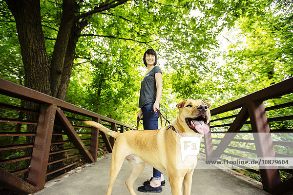 Kaukasische Frau führt Hund auf Brücke aus