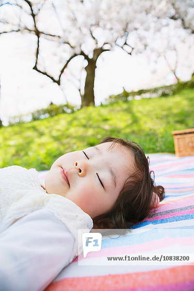 Japanisches Mädchen ruht sich unter den Kirschblüten aus