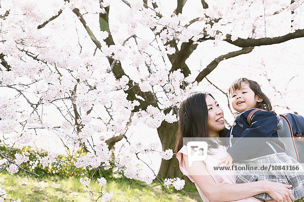 Japanische Mutter und Tochter erfreuen sich an den Kirschblüten
