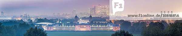Greenwich Maritime Museum and Canary Wharf from Greenwich Observatory  London  England  United Kingdom  Europe