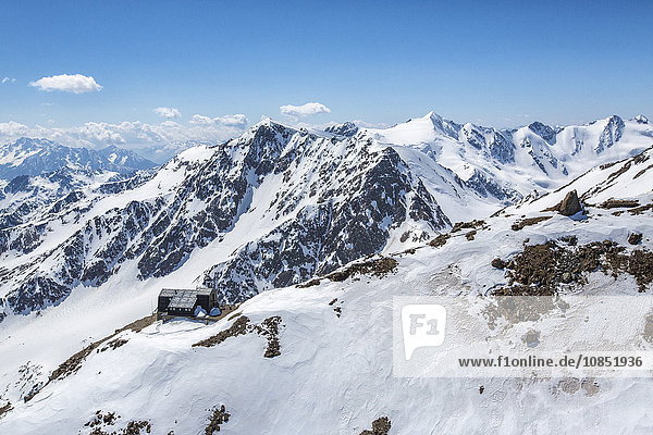 Aerial view of Forni Glacier and Refuge Vioz Valtellina Lombardy Italy Europe