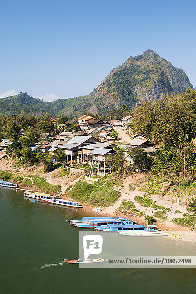 Boats on the Ou River  Nong Khiaw  Luang Prabang area  Laos  Indochina  Southeast Asia  Asia