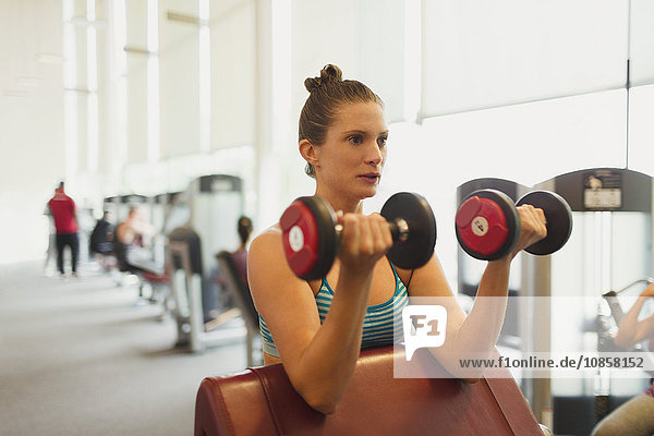 Focused woman doing dumbbell biceps curls at gym