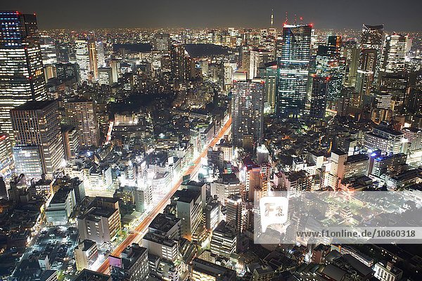 Cityscape view with skyscrapers and city lights at night Tokyo Japan