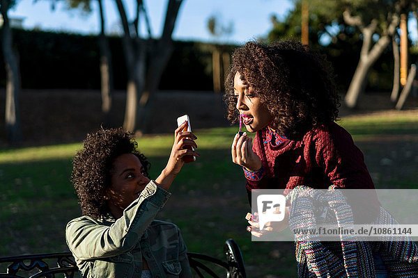 Freundinnen im Park  Frau trägt Lipgloss auf  schaut in das Smartphone der Freundin