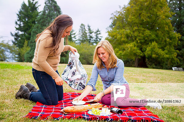 Zwei junge Frauen machen ein Picknick auf einer Decke im Park