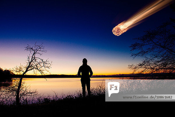 Silhouette eines Erwachsenen  der einen Meteor beobachtet  der in den Nachthimmel fällt