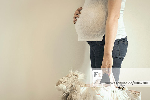 Schwangere Frau  Haltetasche mit Kuscheltier darin  Mittelteil
