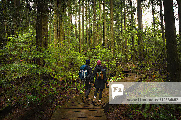 Couple in forest on wooden walkway  Lynn Canyon Park  North Vancouver  British Columbia  Canada