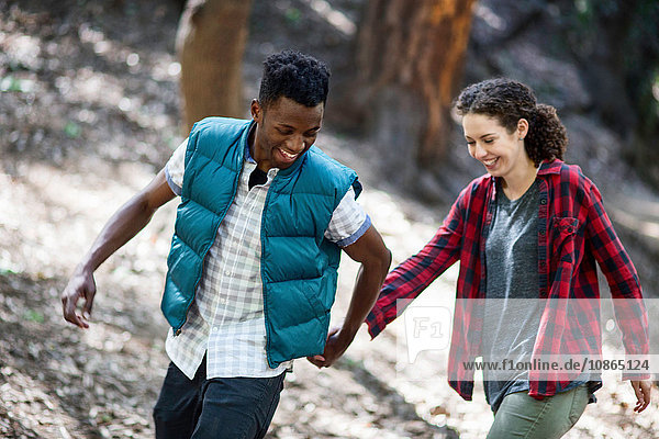 Young hiking couple holding hands whilst hiking in forest  Arcadia  California  USA