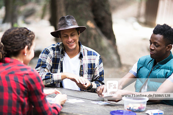 Drei junge erwachsene Wanderer spielen Karten im Wald  Arcadia  Kalifornien  USA